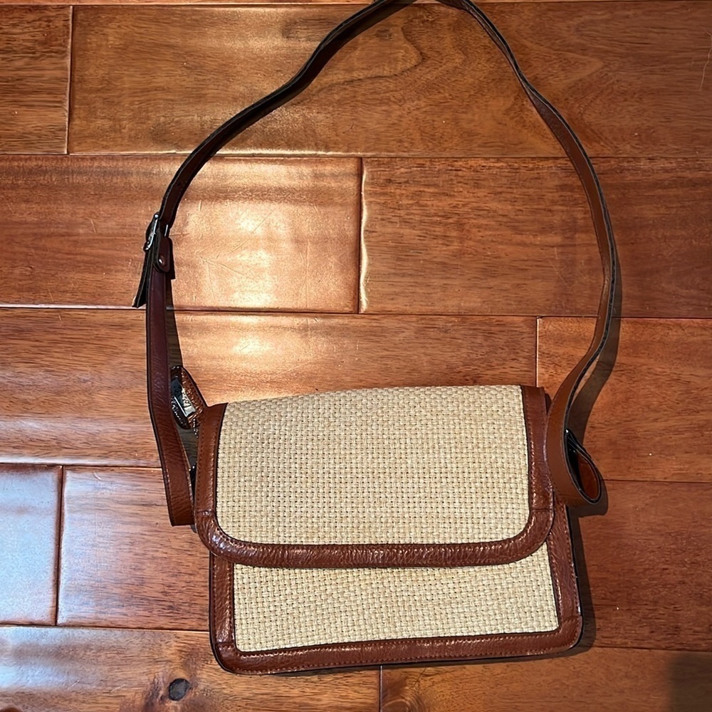 Cornell straw weave brown vegan leather trimmed handbag